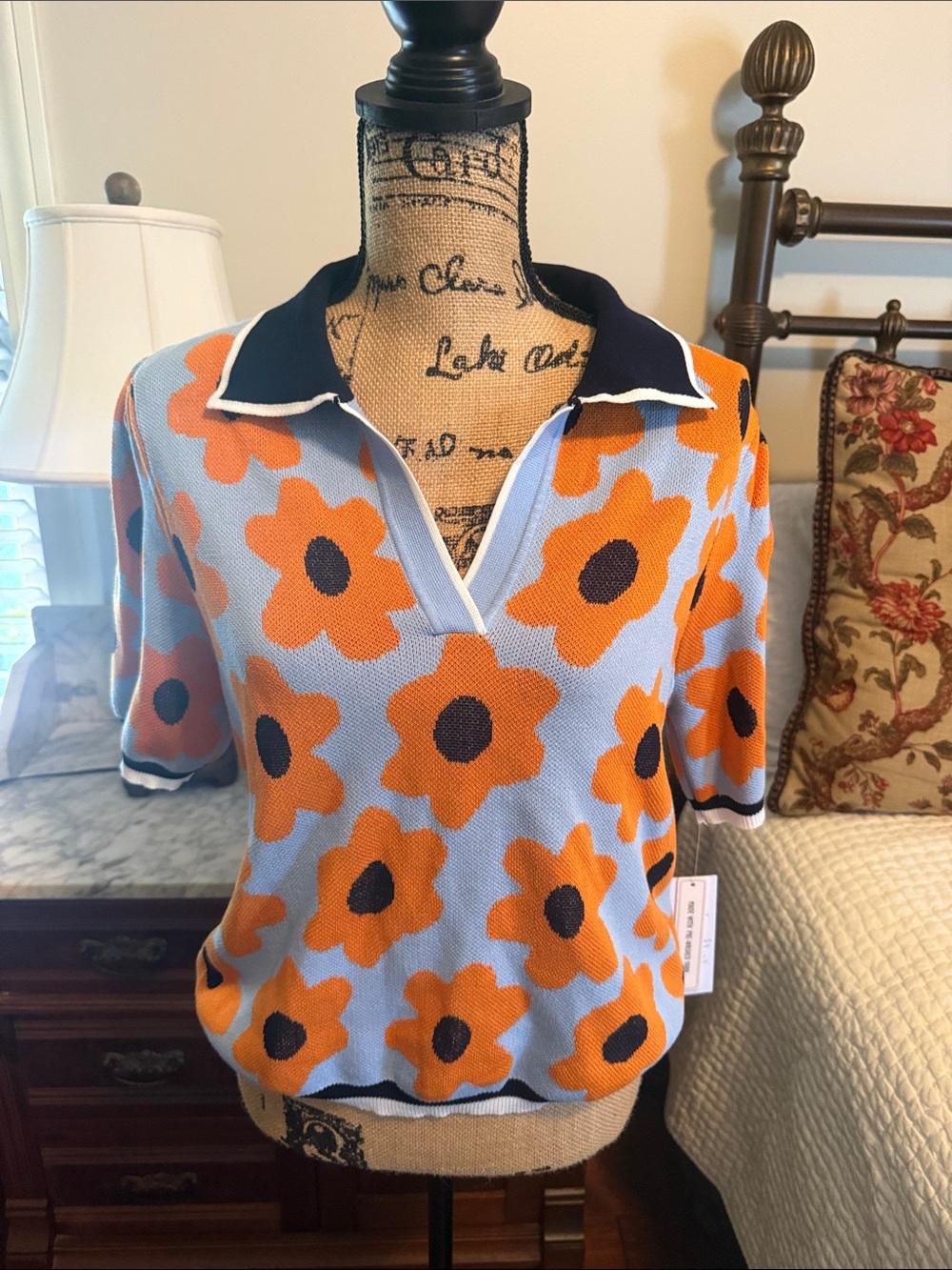 Nannette Blue Knit Polo Sweater with Orange Floral Print